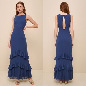 NWOT Lulus Lovely Arrival Dark Blue Chiffon Ruffled Tiered Maxi‎ Dress
